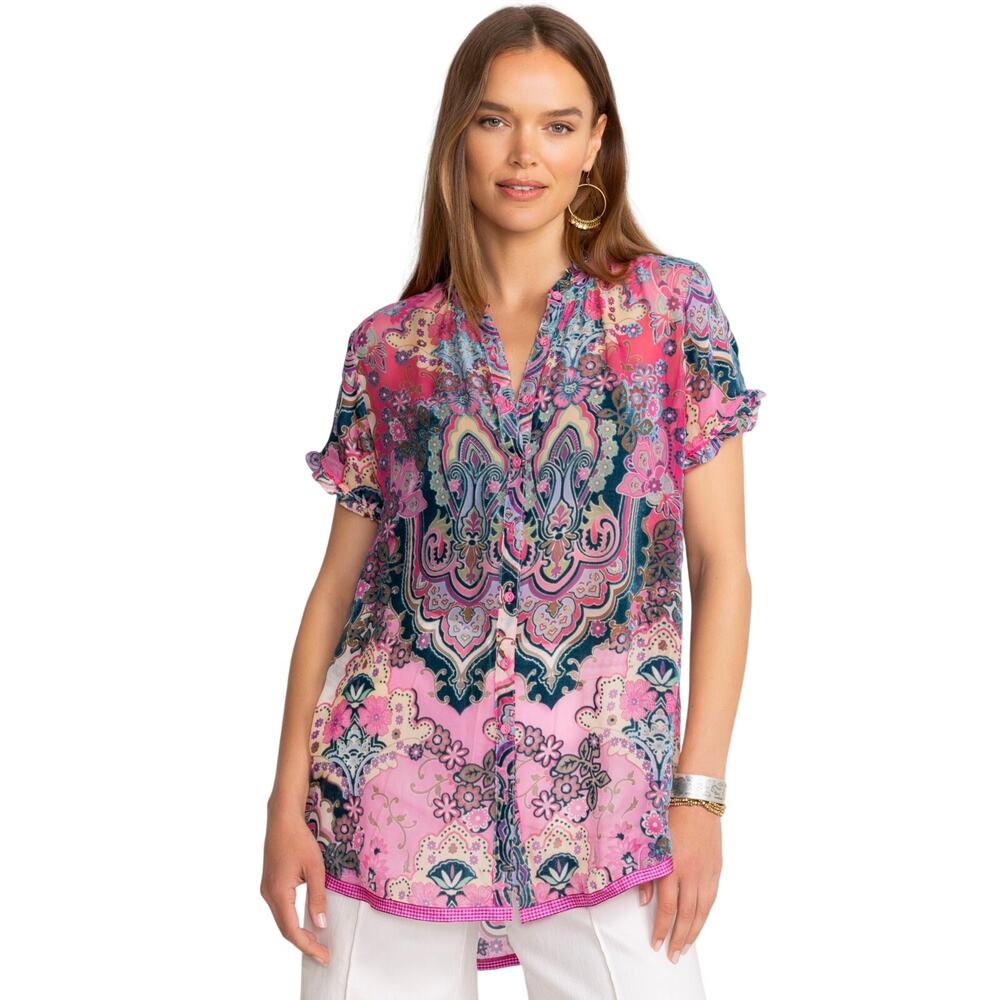 Johnny Was Zoli Tape Hem Burnout Tunic Silk Blend floral Paisley Top Size S